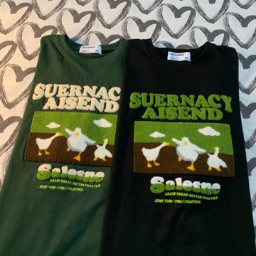 三只鴨子 美式復古卡通植絨印花短袖T恤男女潮牌寬松百搭情侶體恤