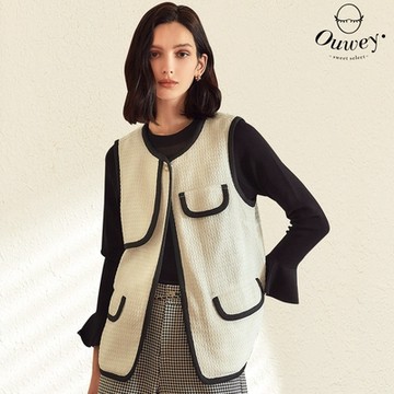 OUWEY歐薇 摩登時尚織蔥毛呢蓋袋背心外套(白色；S-L)3224323003