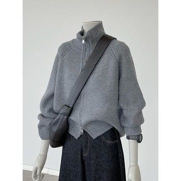 記號~好物分享!灰色立領毛衣羊絨衫女秋冬2025新款雙拉鏈針織開衫