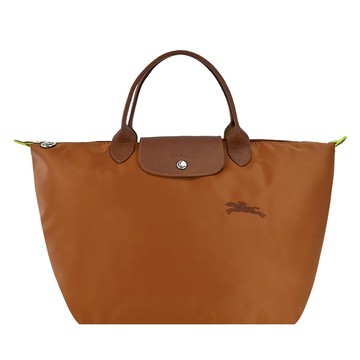 LONGCHAMP LE PLIAGE GREEN系列刺繡短把再生尼龍摺疊手提包（中/白蘭地酒） _廠商直送