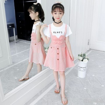 華隆 女童連衣裙夏季中大童2024新款假兩件長裙背帶公主裙小女孩裙子韓