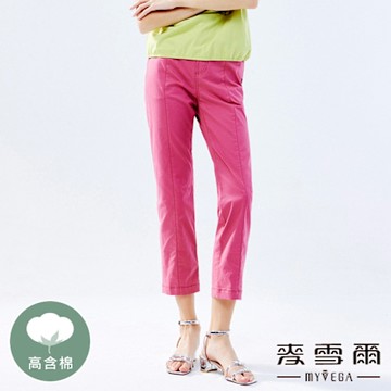 MYVEGA麥雪爾 高含棉車縫線後鬆緊腰九分褲-桃粉