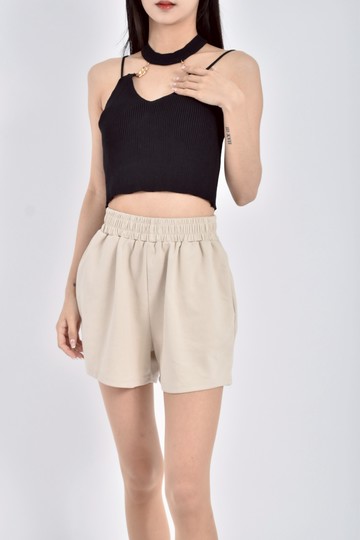 (S) 質感修身短版鏈條細肩帶黑色上衣