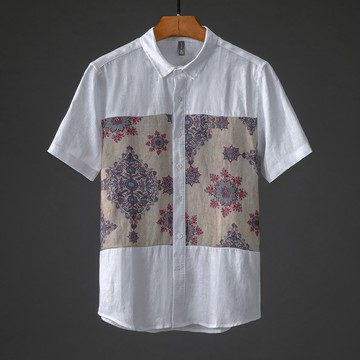 時尚拼接夏季透氣純亞麻短袖男士襯衫青年休閑時尚半袖襯衣上衣F