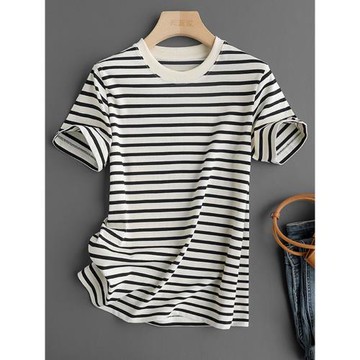(免運)意單~經典正肩法式純棉新疆棉圓領短袖條紋t恤女2025新款上衣夏季