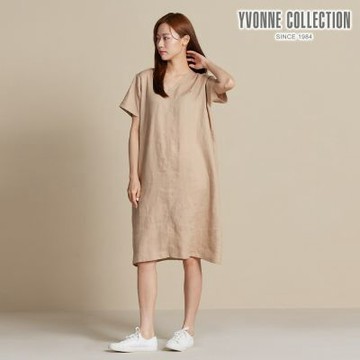 YVONNE 以旺傢飾 亞麻素面短袖洋裝-奶茶棕