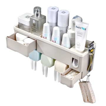 多功能牙刷杯收納置物架 3杯款 壁掛式浴室收納 漱口杯架 自動擠牙膏器  米色  1個