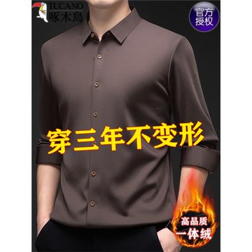 啄木鳥高檔商務加絨長袖襯衫男秋冬季無痕免燙抗皺加厚純色襯衣男