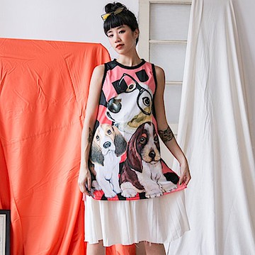 古著前後印花三隻米格魯小狗背心裙-La Belleza