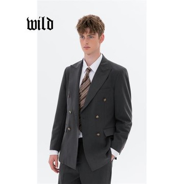 灰色西服外套男休閑商務新款秋冬季雙排扣修身通勤意式戧駁領西裝