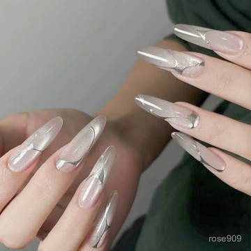 💥加一爆款💥現貨 隔日達【月牙鍍銀】長橢圓穿戴甲 電鍍穿戴甲 純慾風美甲 銀色穿戴甲 中長款美甲 長橢圓穿戴甲