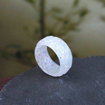 冰種白翡翡翠雕花戒指 | 國際14圍 | 天然緬甸玉翡翠A貨 | 送禮