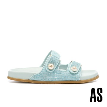 AS 率性優雅LOGO珍珠雙寬帶毛呢布厚底拖鞋－綠