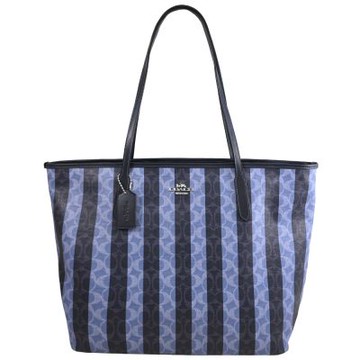 COACH City 馬車LOGO條紋印花肩背大托特包(藍)