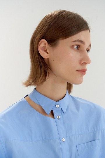 燕子領肩鏤空純棉襯衫/ 藍