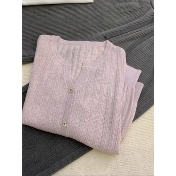 衣珂麥超好看粉紫色針織開衫外搭薄款溫柔風小清新奶fufu慵懶毛衣