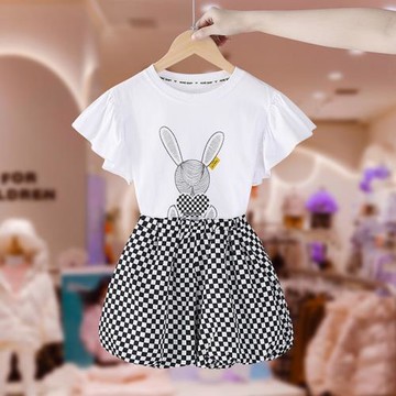 女童套裝2024夏季新款韓版女孩甜美花邊短袖棋盤格花苞褲兩件套潮