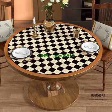 棋盤格美式圓桌桌布皮革茶幾餐桌墊防水防油免洗防燙圓形復古臺布【聚物優品】