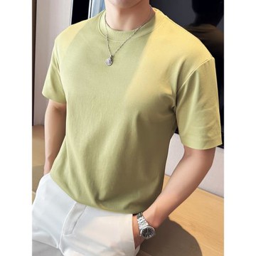 高品質無痕壓膠雙面液氨棉短袖t恤男夏季純色圓領微闊打底體恤衫