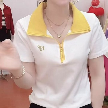 夏季短袖上衣女士潮流撞色翻領大碼寬鬆百搭拉鍊立領polo衫媽T恤