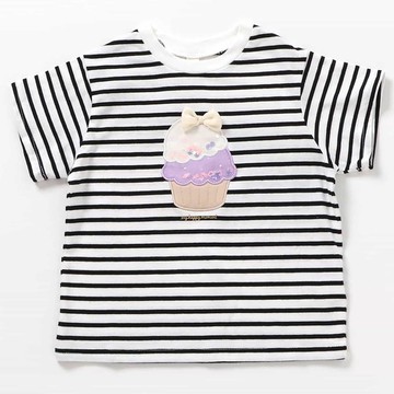 日本 apres les cours - 可愛立體刺繡短袖上衣-條紋蛋糕-黑x白