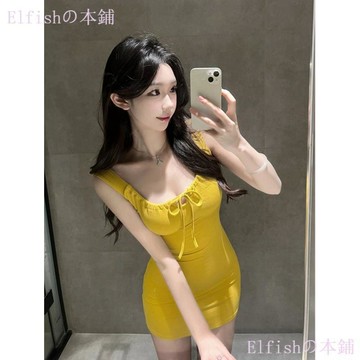【純欲黃色系 辣妹 吊帶連衣裙 顯瘦 繫帶 收腰 超仙 修身 小個子 裙子 短裙 連身裙 洋裝 小個子連身裙 吊帶連衣裙