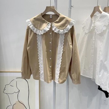 秋季韓版簡約大氣純色娃娃領落肩長袖開襟襯衫女寬松慵懶棉質上衣