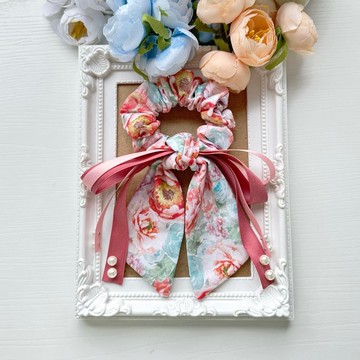 棉布長尾蝴蝶結髮圈大腸圈髮飾-水彩印花