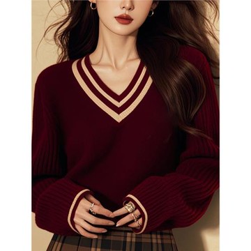 時尚復古絕美酒紅色V領長袖毛衣針織衫女秋冬款獨特百搭軟糯小衫