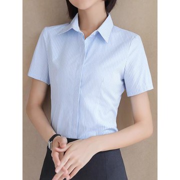 藍色職業裝襯衫女夏款短袖工裝銀行工作服銷售員正裝條紋襯衣夏季