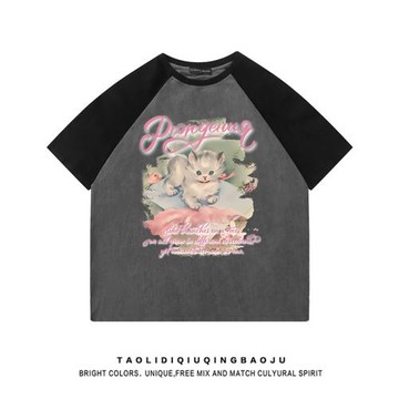 可愛貓咪印花插肩短袖T恤女夏季甜美風小眾減齡百搭麂皮絨體恤衫