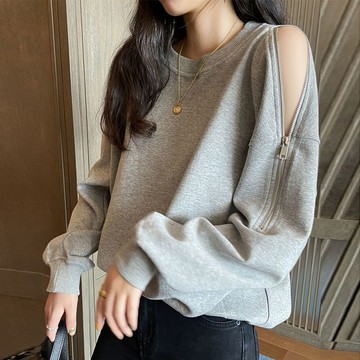 春秋新款性感小心機拉鍊露肩上衣女學生韓版寬鬆顯瘦長袖無帽衛衣