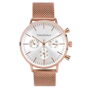 Apollo 中性三眼金屬腕錶 三眼白-米蘭玫金