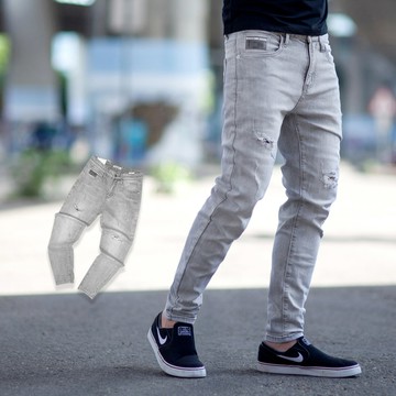 【NB1327J】淺灰刷色口袋灰標小抓破合身版牛仔褲 (MW6021)