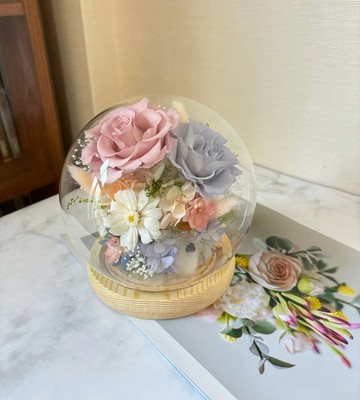 癒心花藝| 粉藍拾光永生花玻璃罩 寶寶出生紀念/居家擺飾