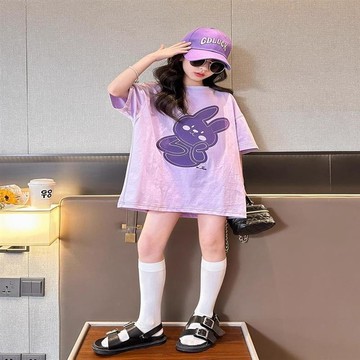 台灣出貨 純棉t恤短袖中大童可愛時髦夏裝潮流休閑衣服時尚寬松半袖透氣 女童上衣 女童短袖T恤 兒童短袖