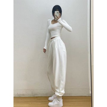 白色抽繩束腳闊腿顯瘦休閑運動褲