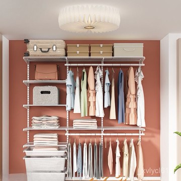 金屬衣帽架🔥臺灣熱銷🔥1.7米開放式金屬衣櫃多功能砌墻定製輕奢臥室收納衣帽間伸縮衣架 晾衣層架 免鑽免打孔 掛衣架