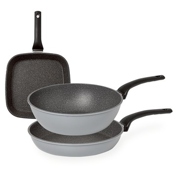 QUEENSENSE 日常平底鍋3件組  1套  27公分方形煎鍋 + 28公分平底鍋 + 28公分炒鍋  灰色
