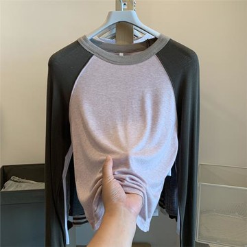 2024春季拼接撞色長袖T恤女減齡不規則打底衫插肩緊身圓領上衣潮