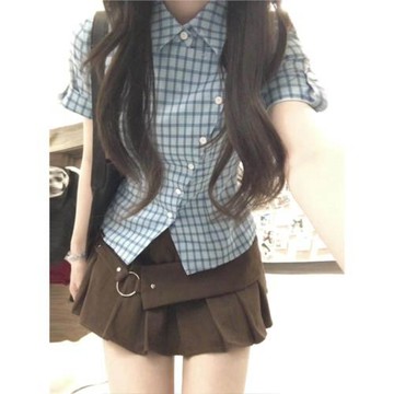 設計感藍色格子短袖襯衫女夏季韓系撞色修身顯瘦格紋藍色上衣襯衣