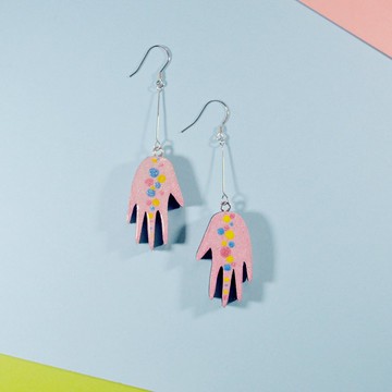 波點系列 粉色小手長款手繪雙面波點耳環耳夾 手繪木製