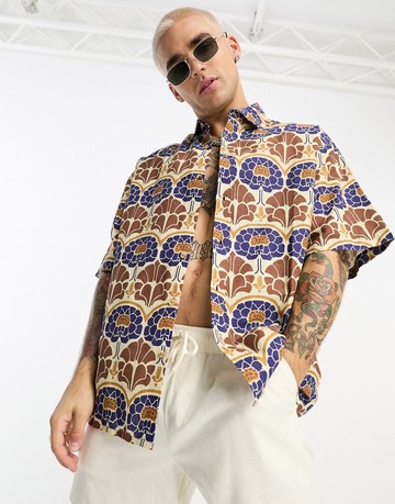 ASOS DESIGN boxy oversized linen mix shirt in brown 70s floral