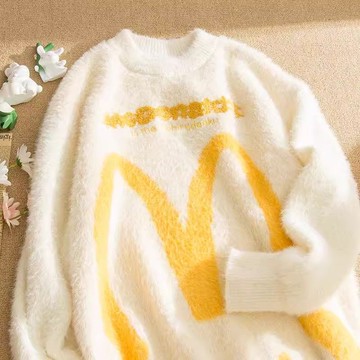 美式復古軟糯兔子耳朵馬海毛毛衣男 情侶oversize慵懶寬鬆針織衫