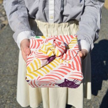 京都風呂敷包巾-katakata 二巾-貓咪和鳥兒(粉/綠)