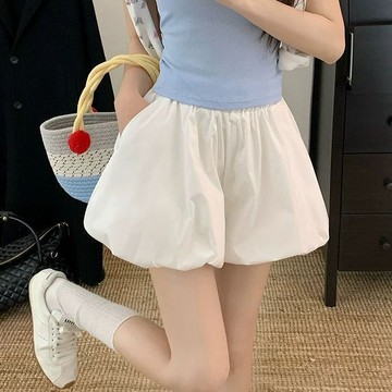 白色蓬蓬花苞短褲女夏季高腰雲朵闊腳褲小個子燈籠休閒熱褲潮 運動短褲 短褲女 休閒短褲 闊腿褲 女生短褲 顯瘦
