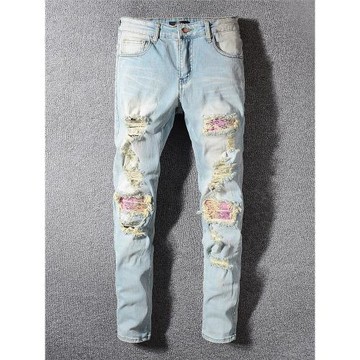 高街潮牌AMR彈力修身小腳牛仔褲 潮男做舊重水洗破壞補丁乞丐褲子