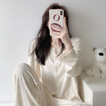 DUYI~夢詩 睡衣女甜美溫柔風波點印花睡衣女春秋柔軟舒適長袖家居服套裝女士