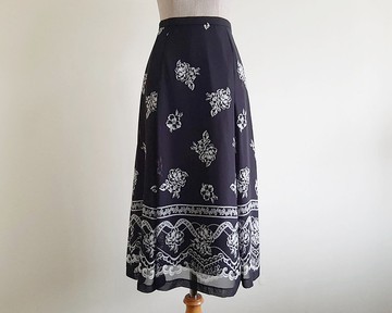 復古黑白印花雪紡傘裙 中長裙 M 號 (腰圍 29 吋)