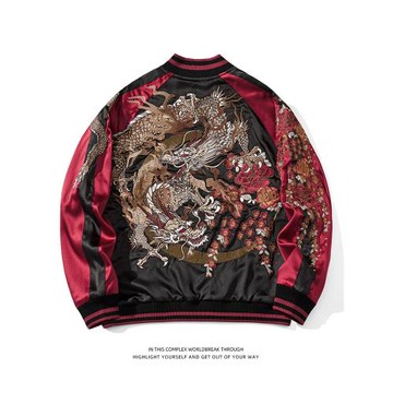 國潮雙面穿橫須賀重工三龍刺繡男士春秋棒球服夾克中國風繡花外套